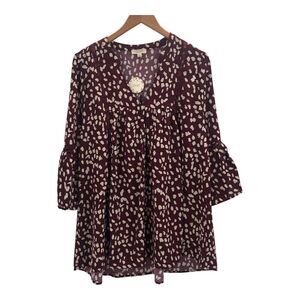 Oddi Womens Size Large Maroon White Spotted Tunic Top 3/4 Bell Sleeves Blouse